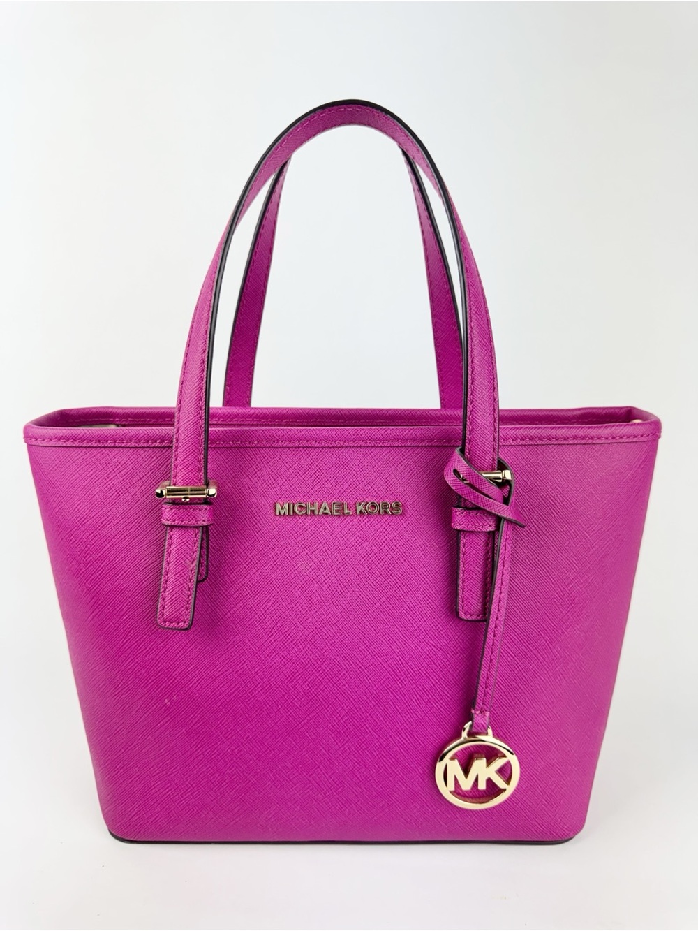 Michael Kors Jet Set XS Double Handle Tote Magenta Crossgrain Leather Crossbody